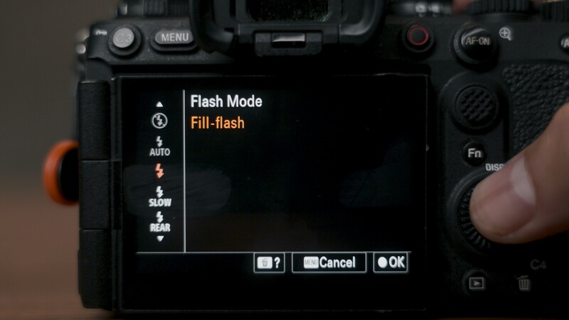 Screenshot of camera flash mode menu displaying Fill-flash option with mode selection buttons