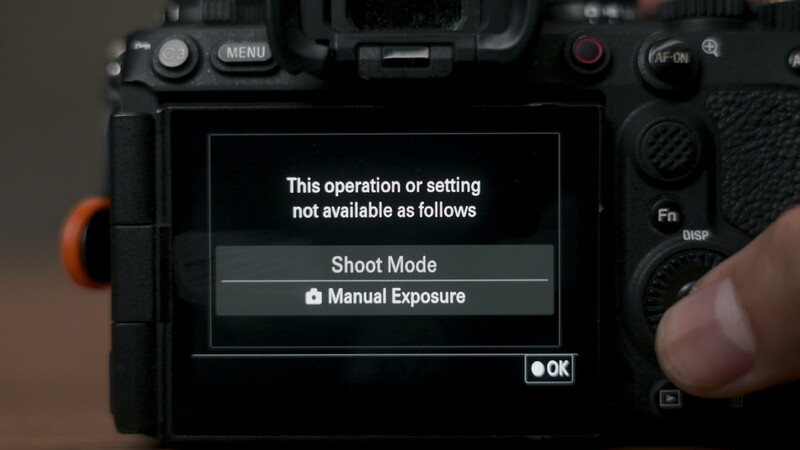 Screenshot displaying camera menu error: 'This operation or setting not available as follows - Shoot Mode - Manual Exposure'
