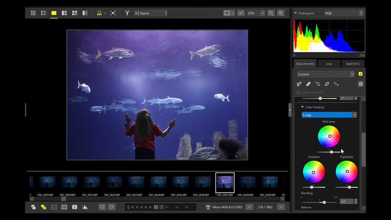 Screenshot of photo editing software showing aquarium scene with child viewing fish tank