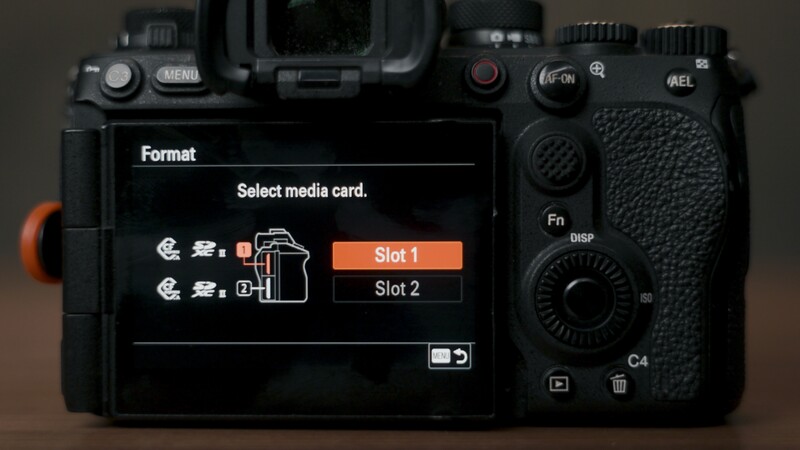 Screenshot of a camera's Format menu displaying media card slot selection options
