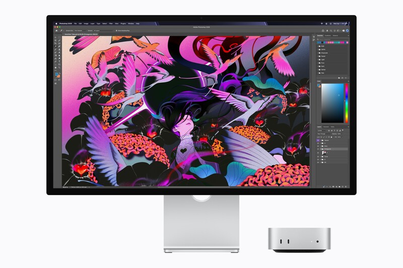 Screenshot of Adobe Creative Suite displaying vibrant digital artwork with neon pink, purple, and blue flora and fauna