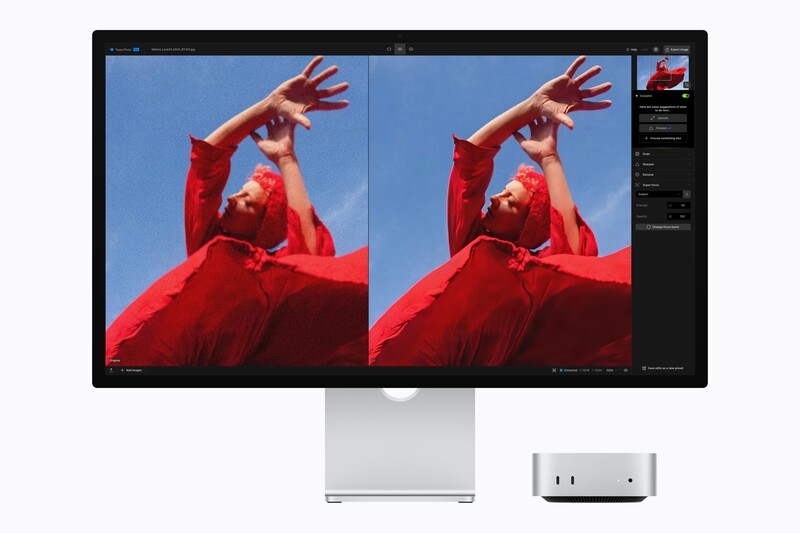 Side-by-side comparison of portrait photos on a professional display monitor with editing software
