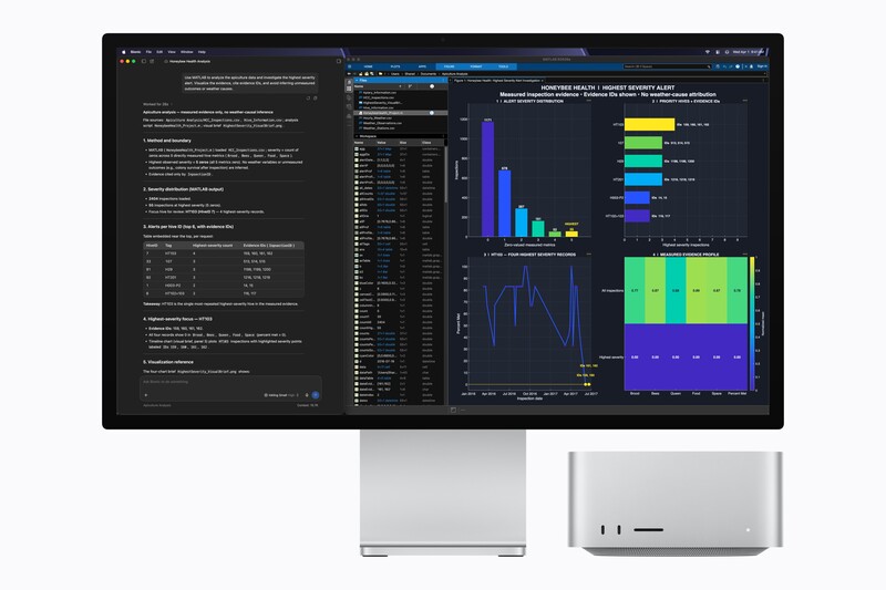 Studio setup displaying desktop monitor with data visualization dashboards, colorful charts, and analytics software alongside Mac mini computer