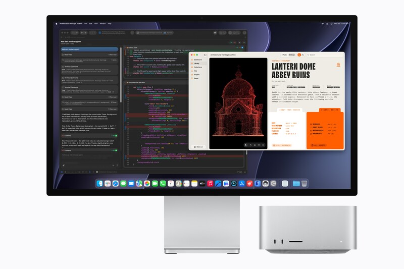 Screenshot showing Mac desktop with multiple windows including code editor, 3D render of architectural dome, and design portfolio layout