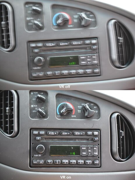 The same dashboard photographed from a moving vehicle with stabilization off and on, which is roughly how a photographer judges a stabilizer
