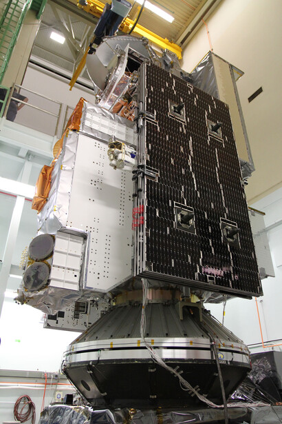 NASA's Global Precipitation Measurement Core Observatory clamped to a shaker table at Goddard Space Flight Center for horizontal vibration testing