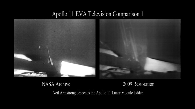 NASA's 2009 restoration of the Apollo 11 moonwalk footage, placed beside the unrestored broadcast footage