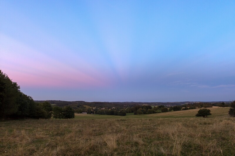 Anticrepuscular rays over Chy ky, Czech Republic, converging toward the antisolar point after sunset