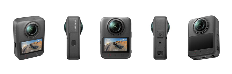 Five views of a compact action camera showing front, back, and side angles
