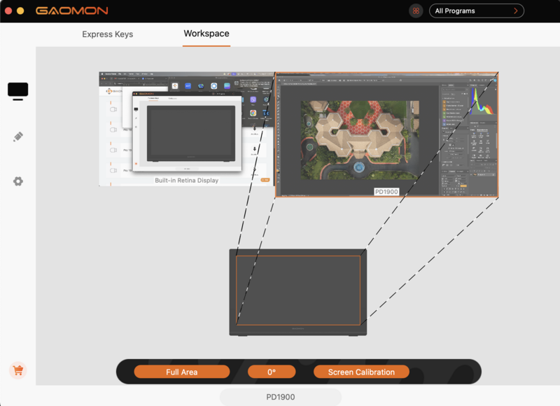 Screenshot of Gaomon graphics tablet workspace setup interface