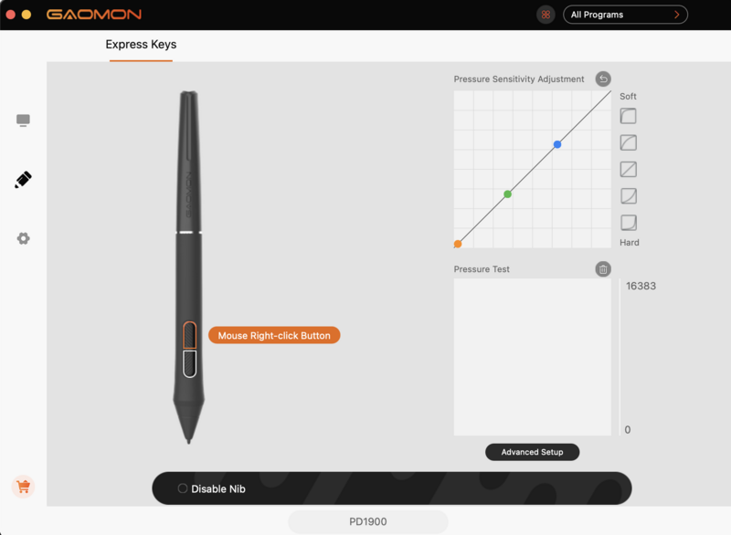 Screenshot of stylus pressure sensitivity adjustment interface with annotated pen tool controls