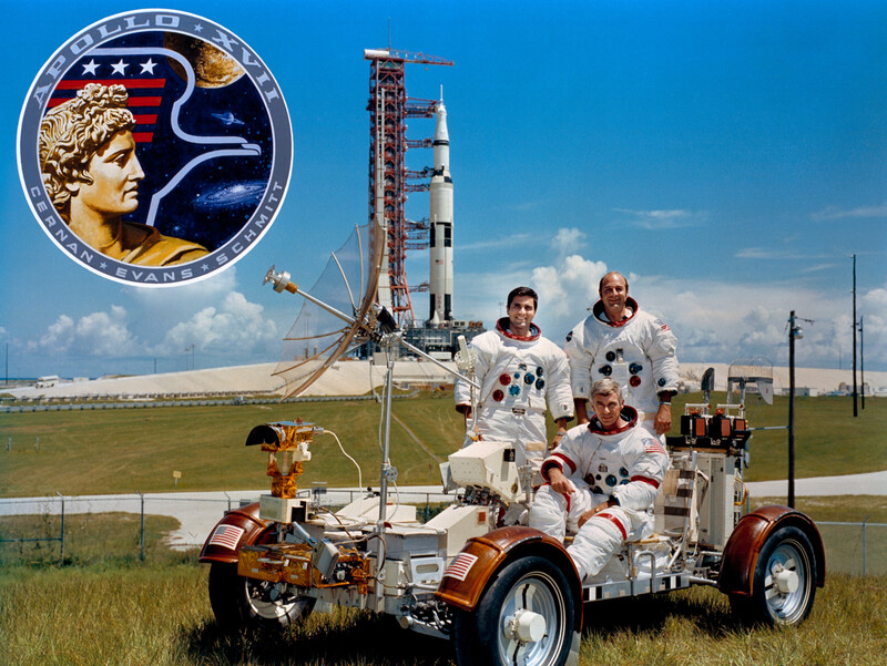 The Apollo 17 prime crew: commander Eugene Cernan, command module pilot Ronald Evans, and geologist Harrison Schmitt, the only three people who could have taken the Blue Marble