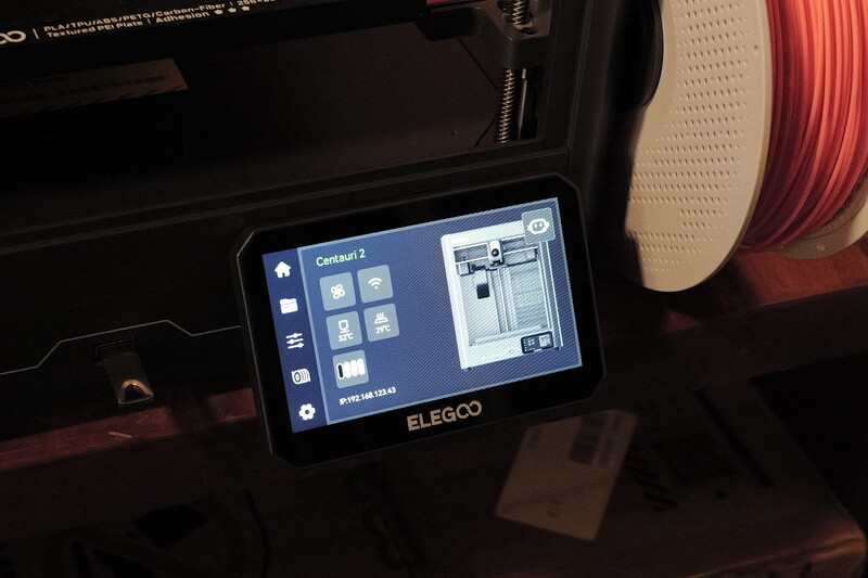 ELEGOO 3D printer control panel displaying touchscreen interface with filament spool