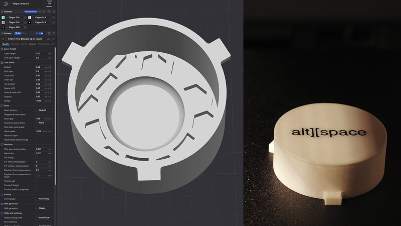 Screenshot of 3D modeling software showing a cylindrical object with threaded top feature alongside a rendered product visualization