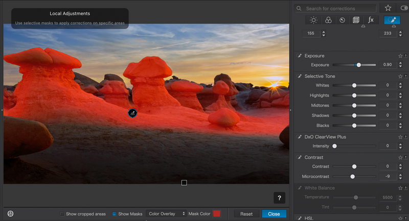 Screenshot of Local Adjustments panel in photo editing software with red rock formations at sunset