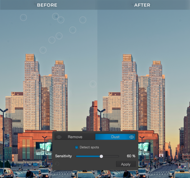 Screenshot showing before and after comparison of cityscape photo editing with spot removal and desaturation controls