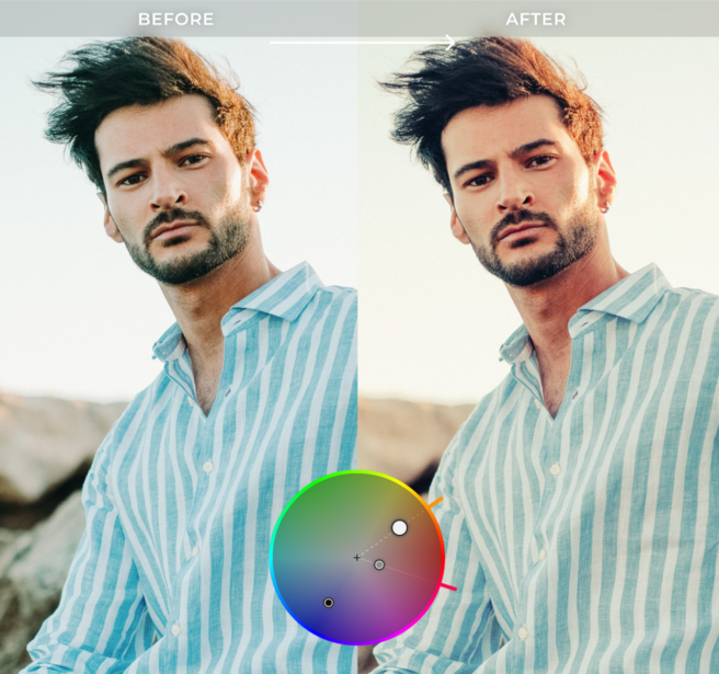 Before and after color grading comparison of male portrait with warm skin tones