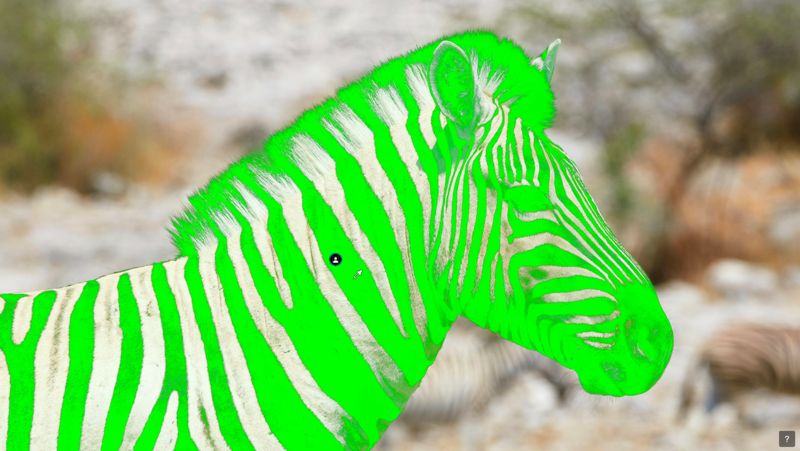 Illustration of a bright green and white striped zebra against a blurred natural background