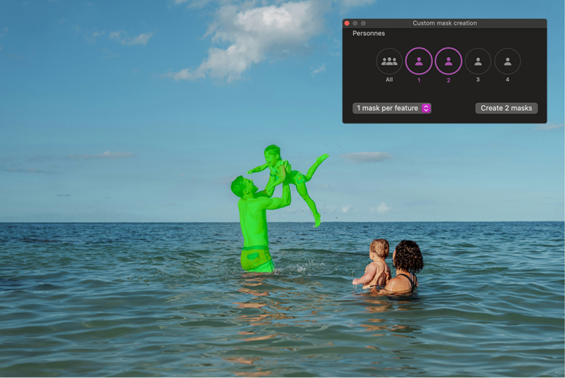 Screenshot showing a custom mask creator interface overlaid on a beach photo of two women in water and a green-screen figure.