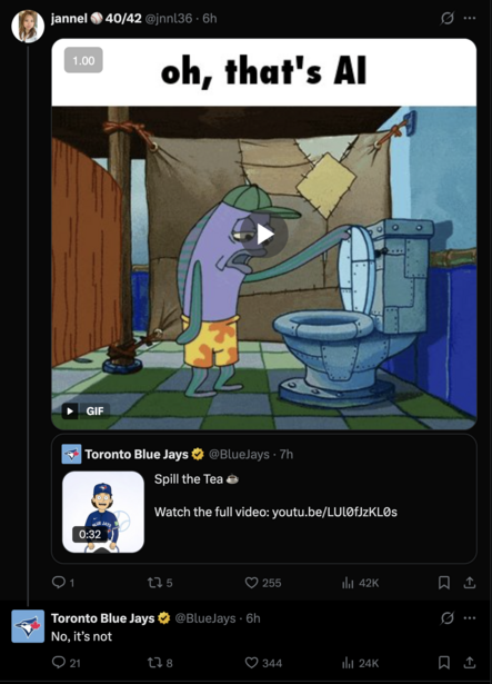A flat denial in response to a fan posting the SpongeBob reaction GIF.