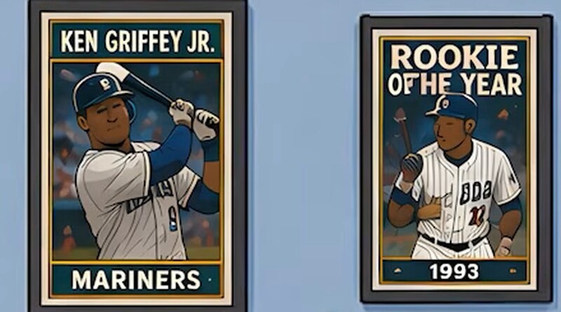 Griffey swinging right-handed on the wall of a card shop, next to a poster that reads ROOKIE OFHE YEAR above a jersey lettered BDa