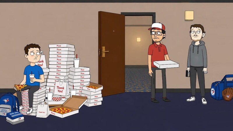 Fifteen pizza boxes, no two labeled alike, several carrying pseudo-text that resolves into nothing