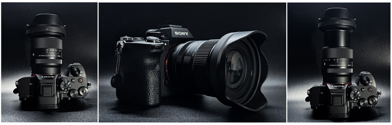 Three professional camera setups with Sony and other mirrorless bodies paired with various lenses, arranged on dark reflective surface