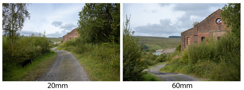 Side-by-side comparison of focal lengths showing a rural landscape with brick buildings