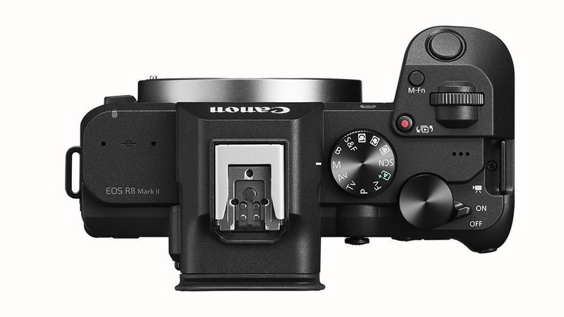 Canon EOS R8 Mark II mirrorless camera shown from overhead in black
