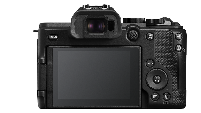 Canon EOS R5C mirrorless camera shown from rear three-quarter view displaying LCD screen and control layout