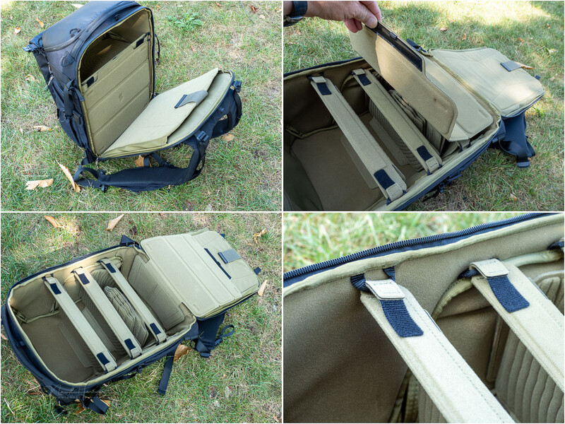 Blue camera bag with multiple removable dividers displayed across four detail shots
