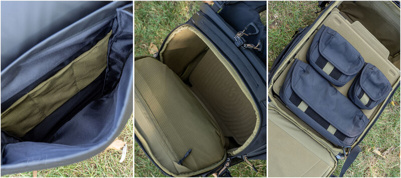 Three views of camera bag interior organization and compartments