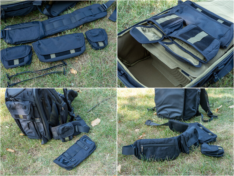 Blue camera bag and modular pouches displayed in various configurations on grass