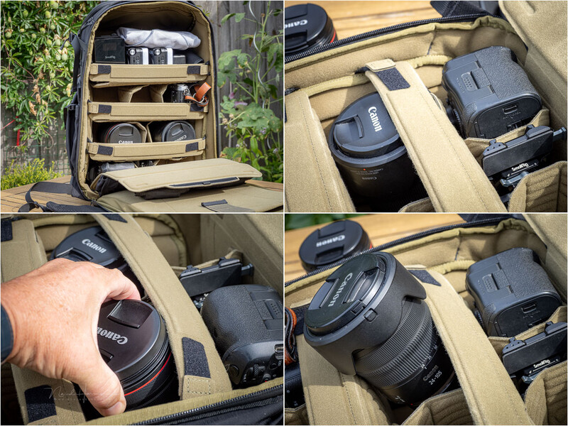 Camera backpack with customizable compartments displaying organized lens and equipment storage