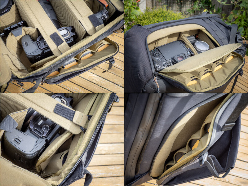 Camera bag interior compartments displaying organized photography gear and accessories