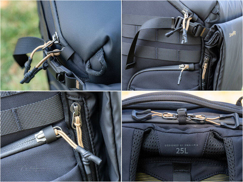 Four close-up views of camera bag attachment points and straps with carabiners and clips