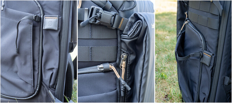 Close-up detail shots of camera bag pockets, straps, and organizational compartments