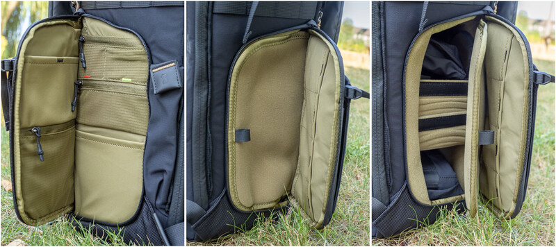 Camera backpack interior compartments displayed in three open views showing organization and storage capacity
