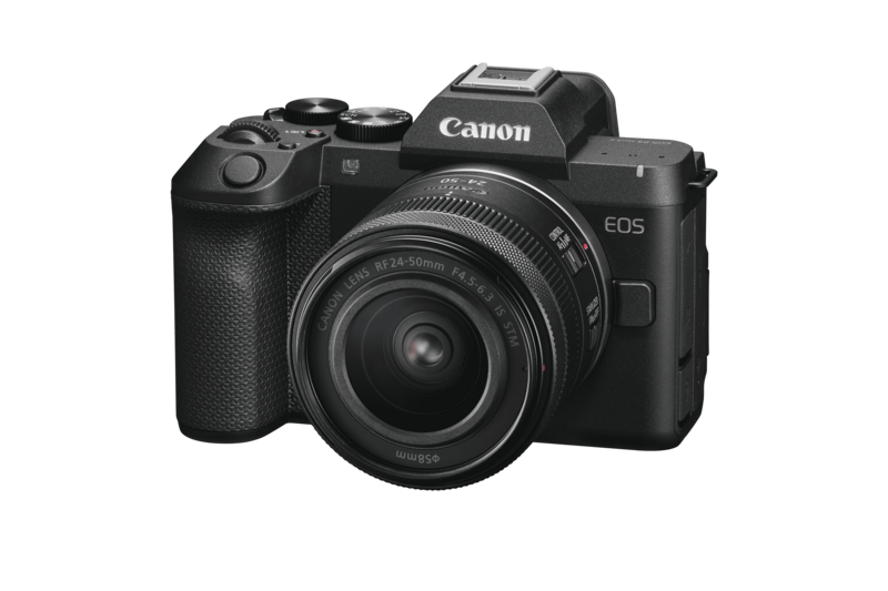 Canon EOS mirrorless camera with attached kit lens on white background