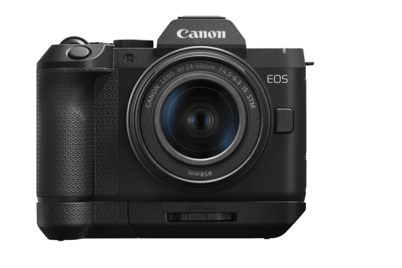 Canon EOS mirrorless camera with RF 24-50mm lens and battery grip attachment