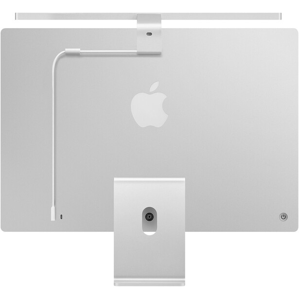 Back view of silver Apple iMac with M1 chip showing Apple logo and stand