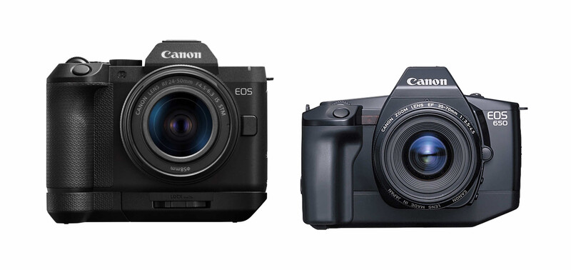 Canon EOS R5 and EOS R6 mirrorless cameras displayed side by side with kit lenses