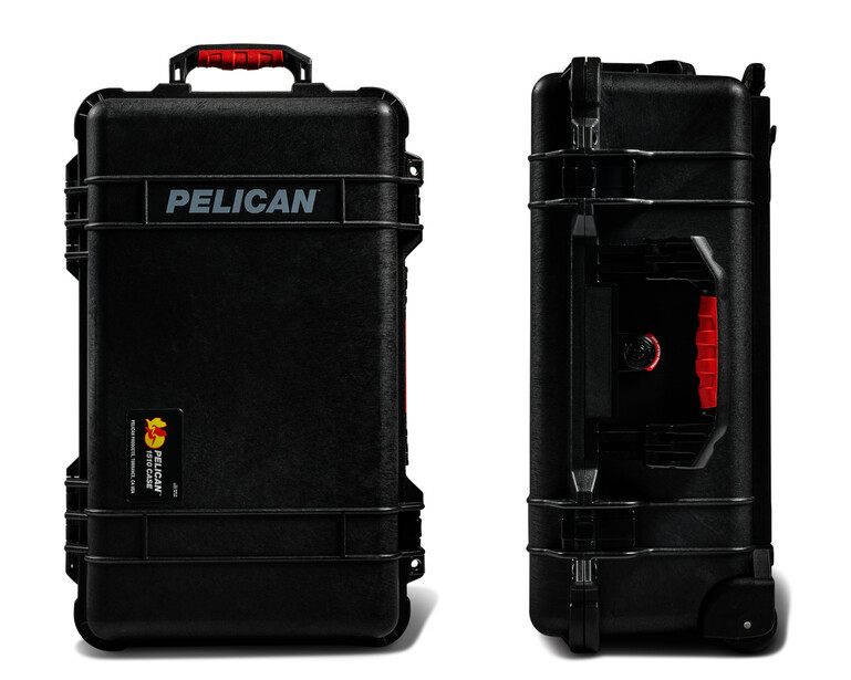 Pelican hard case shown from front and back views, displaying protective design and carrying handle