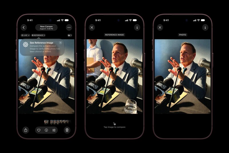 Apple's demonstration of the Photos app comparison: the delivered photo on the right, the reference image in the center showing the uncropped frame with a second person and a water glass