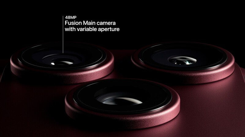 Apple keynote slide labeling the iPhone 18 Pro 48MP Fusion Main camera with variable aperture