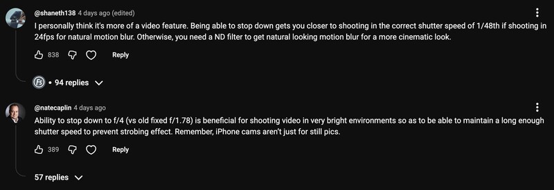 Two highly upvoted YouTube comments arguing that the iPhone variable aperture exists so videographers can stop down and hold a slower shutter speed