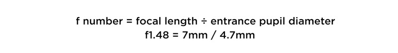 Slide showing the f number equation, with f1.48 working out to a 7mm focal length divided by a 4.7mm entrance pupil