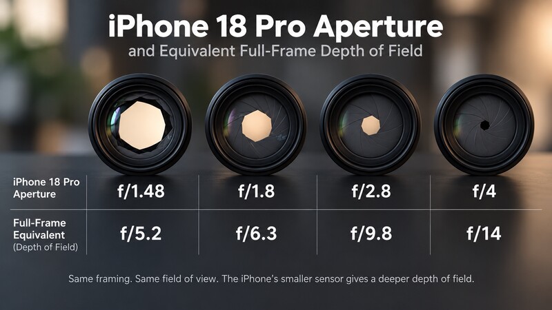 Chart pairing each iPhone 18 Pro aperture with the full frame f-stop that would give the same depth of field: f1.48 to f5.2, f1.8 to f6.3, f2.8 to f9.8, and f4 to f14