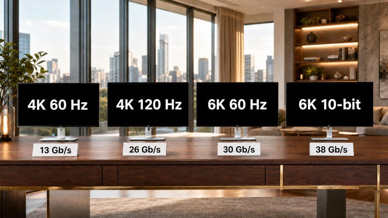 Graphic comparing four video resolution and frame rate specifications with bandwidth requirements