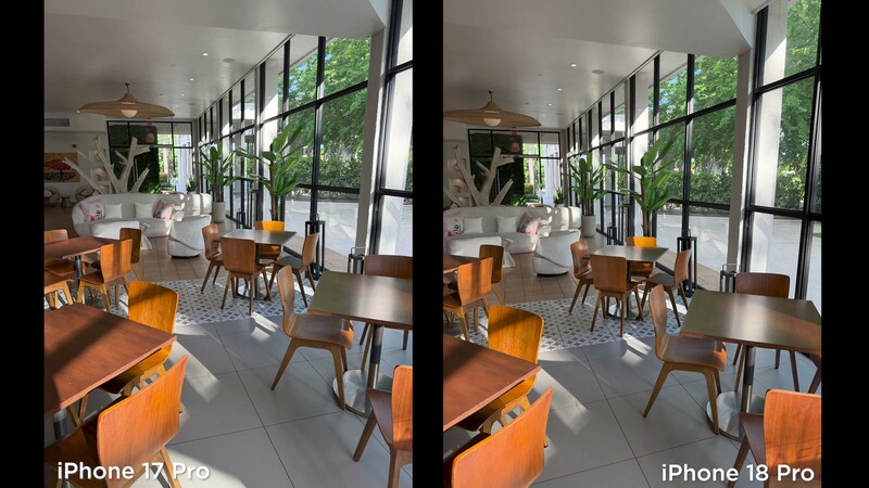 The same interior scene photographed on the iPhone 17 Pro and the iPhone 18 Pro, shown side by side